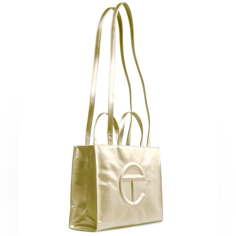 TELFAR NWOT Metallic Gold Tote Bag with Embossed Logo Medium 15x11x5 - Picture 2 of 10
